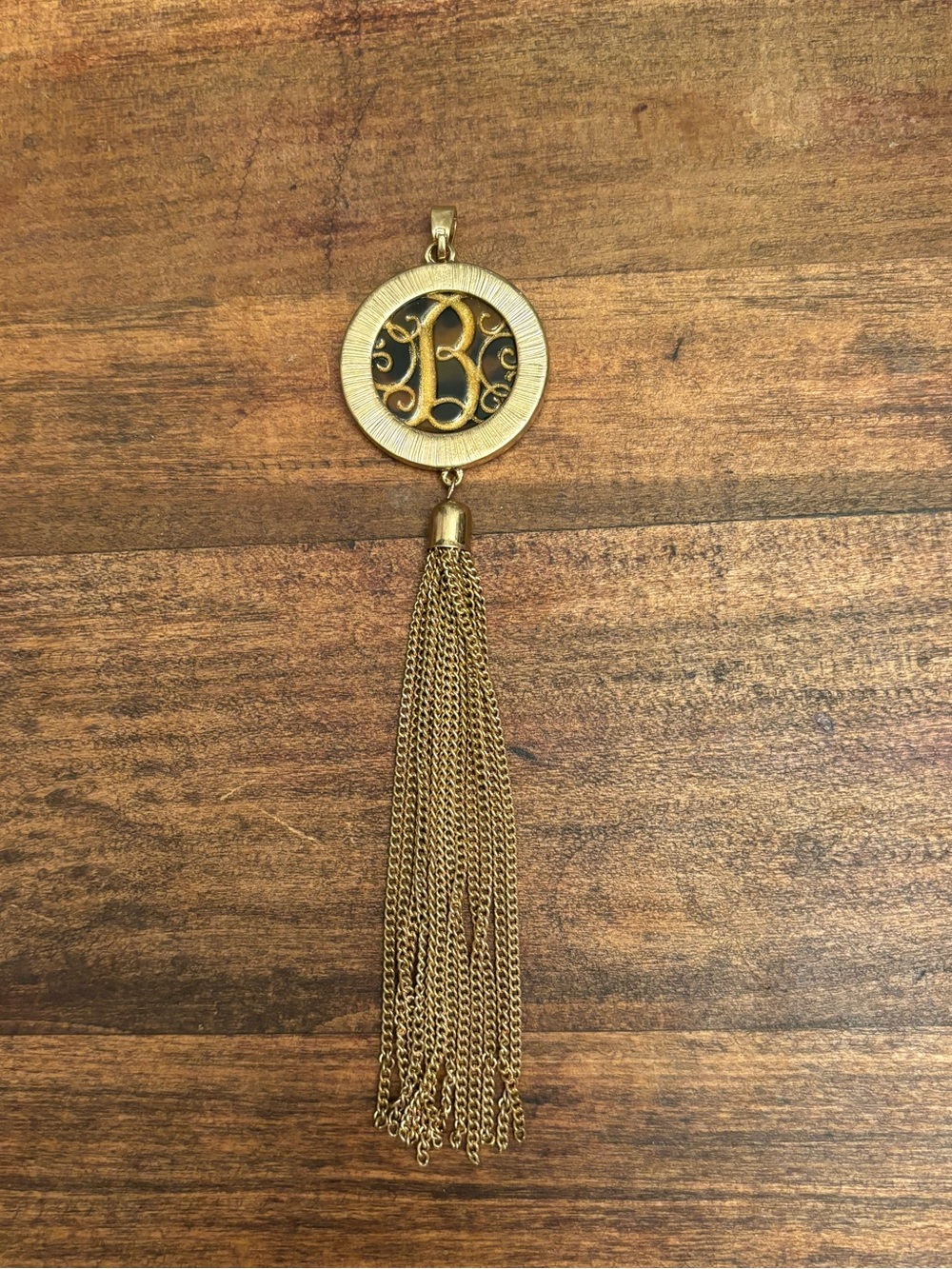 Gold Tone Tortoiseshell Tassel Pendant with Initial B Engraved
